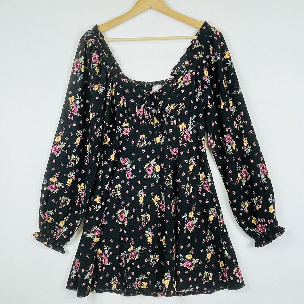 ASOS Mini Dress Womens 6 Black Floral Babydoll Cottagecore Ruffles Y2K Inspired